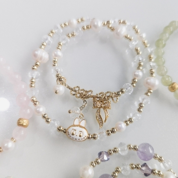 Labubu Inspired Double-Strand Pearl & Crystal Bracelet Gold & White - Picture 8 of 8